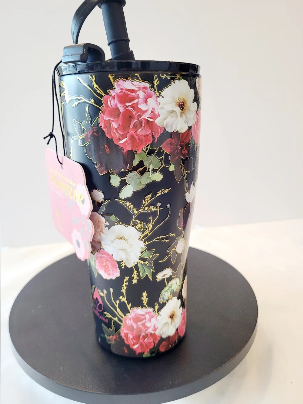 Floral Stainless Tumbler with Straw - Black/Pink Floral - Picture 5 of 6